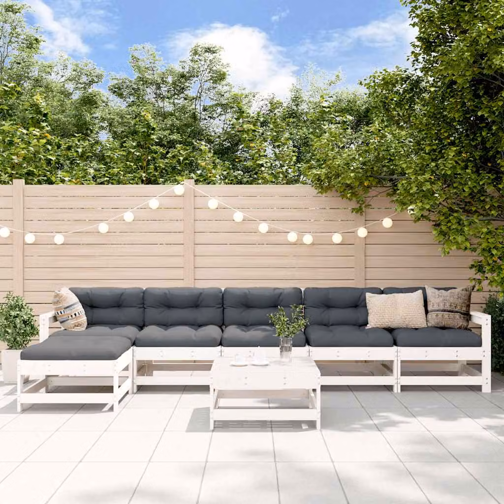 Set Salotto da Giardino vidaXL 7 pz in Legno di Pino Bianco con Cuscini e Design a L