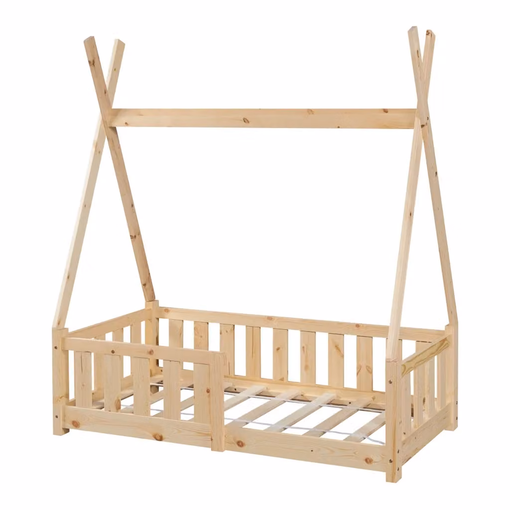 Letto a capanna Helsingborg en.casa in legno di pino naturale per bambini con sponde L/P: 140 x 70 cm – 2