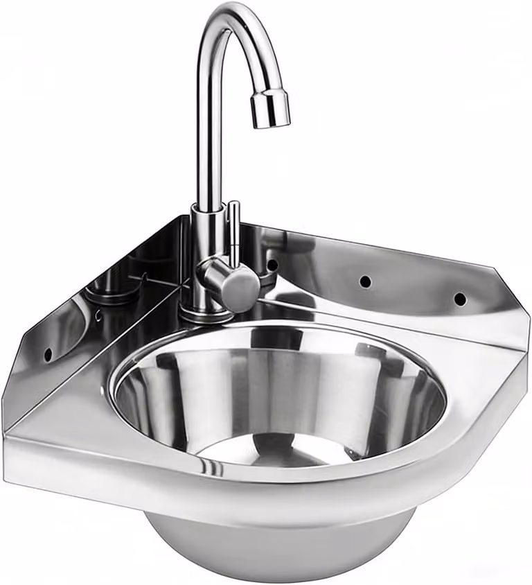 Lavabo angolare in acciaio inossidabile, a forma triangolare, con rubinetto per acqua calda e fredda, salvaspazio, dimensioni 30x30x20 cm, adatto per bagno e