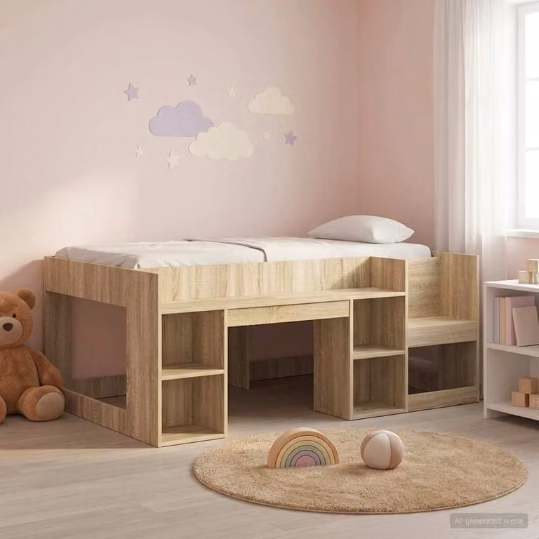 Letto singolo rialzato per bambini vidaXL con ripostiglio e scomparti laterali, colore marrone, L/P/H: 160 x 80 x 163 cm