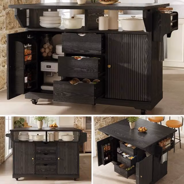 Carrello da cucina con cassetti in MDF e metallo, piano allungabile, 142,5 x 80 x 95 cm, nero