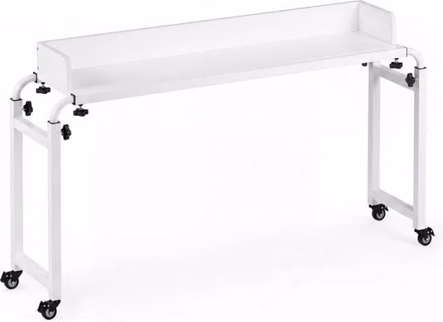 Scrivania mobile sopra il letto con altezza regolabile e ruote, telaio in metallo e piano in MDF bianco – 1