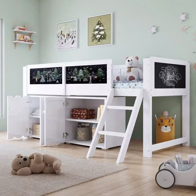 Letto a soppalco per bambini ¨C Minimal ¨C Bianco legno 90x200cm con armadi di stoccaggio e scala inclinata