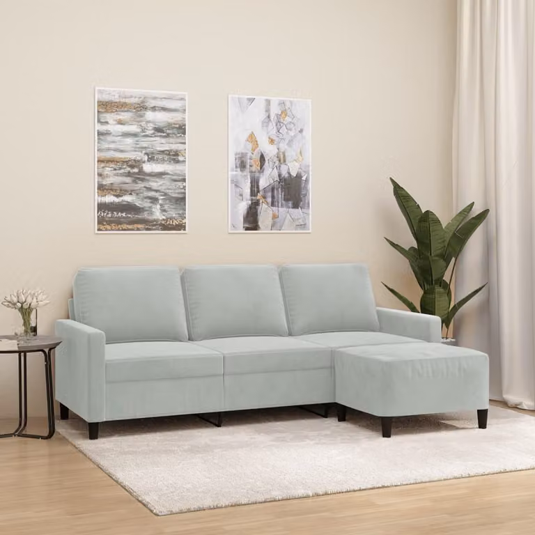 vidaXL Divano a 3 Posti con Poggiapiedi in Velluto Grigio per Soggiorno L: 198 cm, P: 80 cm, H: 77 cm