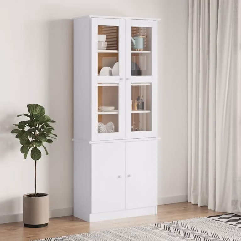 Vetrina alta vidaXL in legno massello di pino bianco con ante in vetro e stile rustico L/P/H: 77 x 35 x 186,5 cm