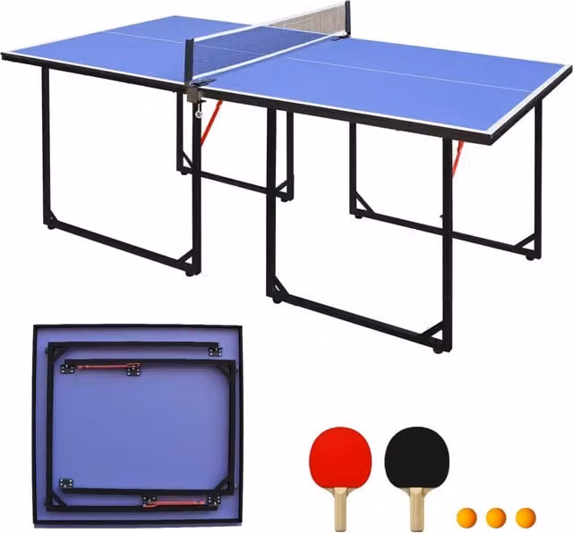 Tavolo da ping pong pieghevole 182 cm con rete, 2 racchette e 3 palline