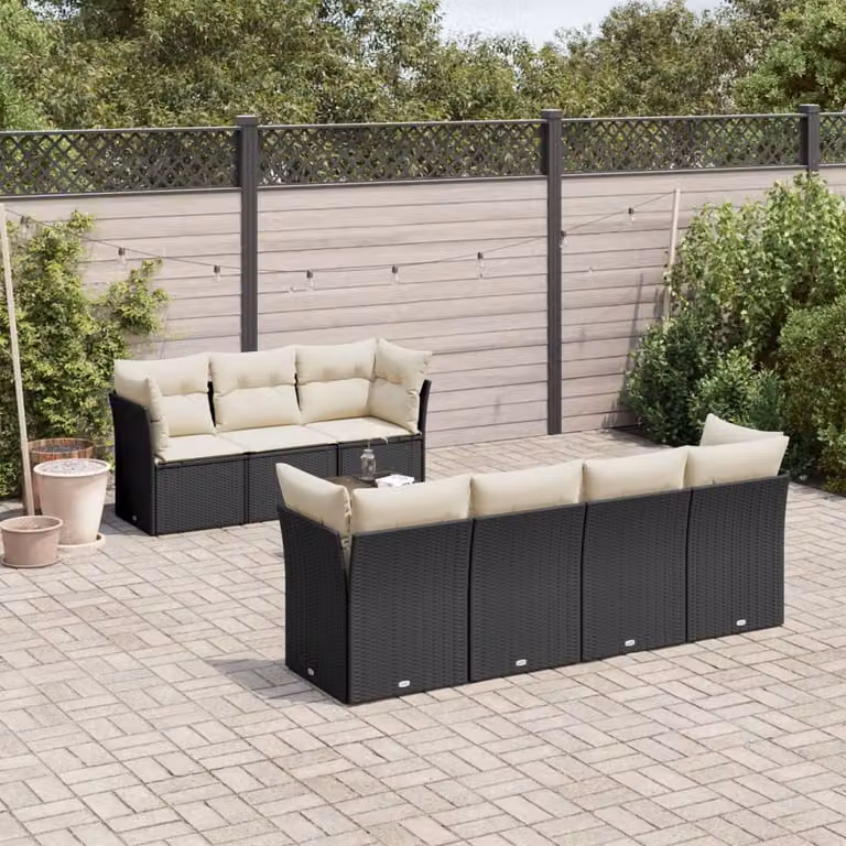 vidaXL Set Divani da Giardino a L con Polyrattan e Cuscini, 8 Pezzi, Nero e Bianco