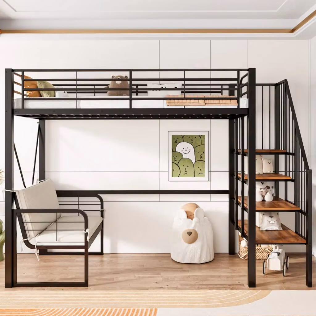 Letto a castello Chicfurn con scala contenitore e divano imbottito rimovibile, colore nero, L/P/H: 200 x 90 x 251,5 cm – 2