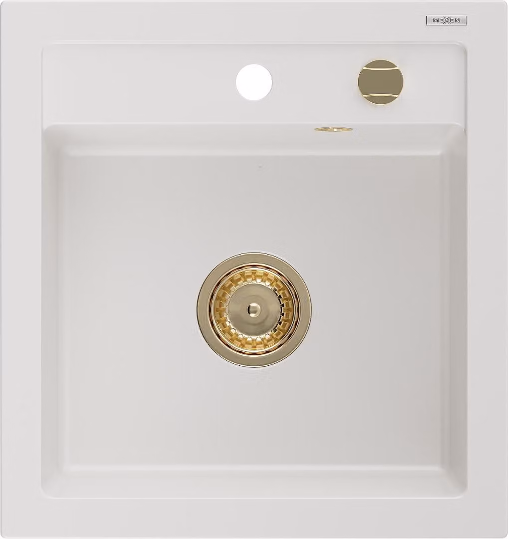 Mexen Vito lavello da cucina in granito 1-vasca 520 x 490 mm, bianco, sifone dorato - 6503521000-20-G