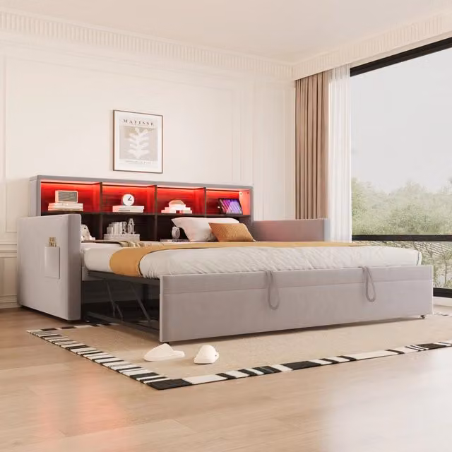 Letto imbottito divano letto 90x190 cm, testiera con vani integrati, LED e prese di ricarica, letto estraibile, velluto - Grigio chiaro