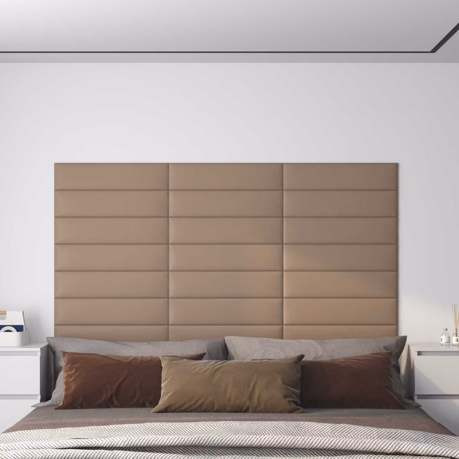 Set di 12 pannelli per testiera da parete vidaXL in tessuto beige, L: 60 cm, H: 15 cm, P: 3,8 cm