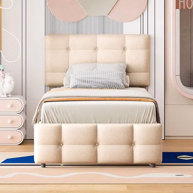 Letto singolo OKWISH con cassettone, testiera regolabile e rivestimento in tessuto, beige, L: 90 cm, P: 200 cm, H: 111 cm
