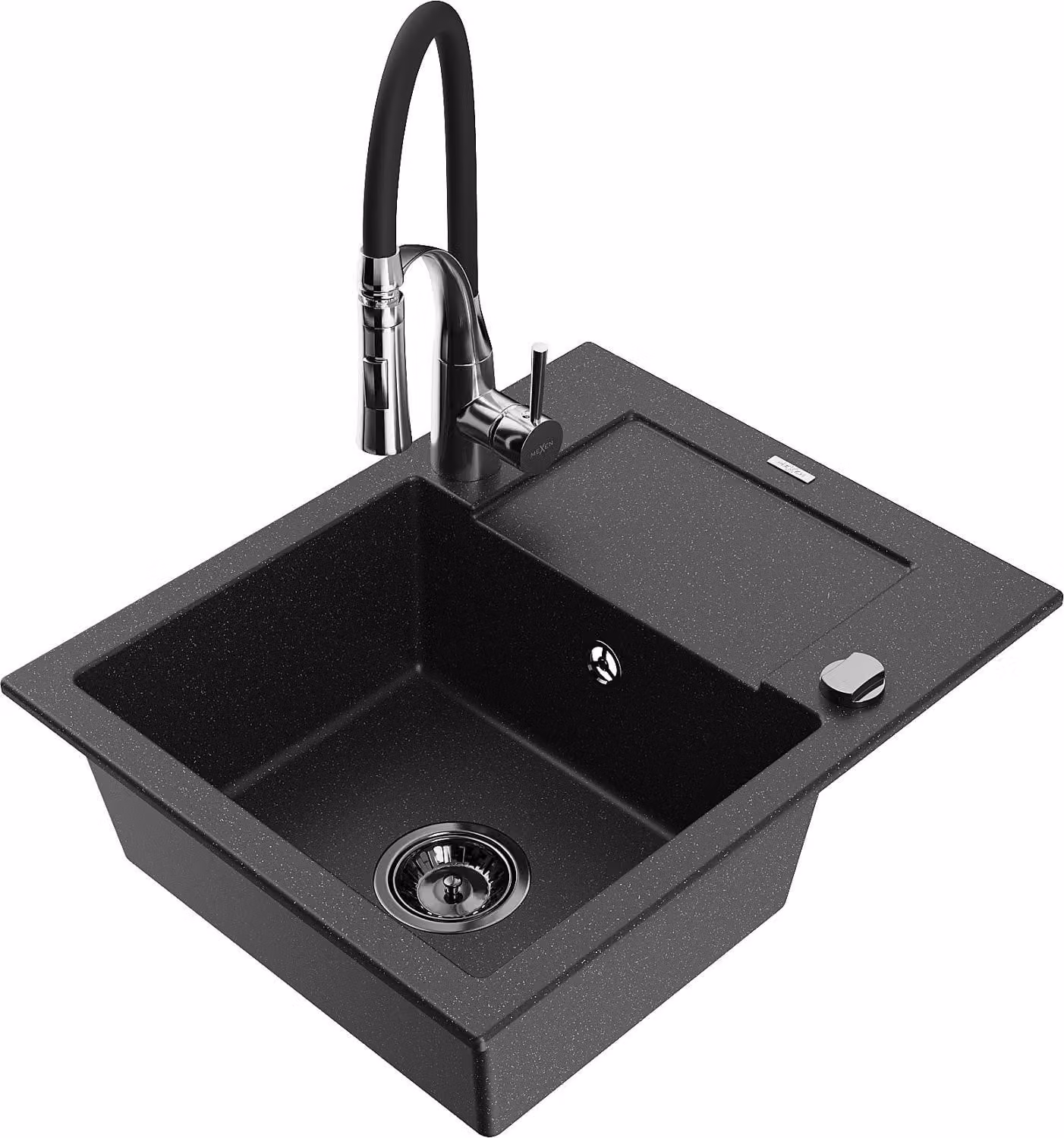 Mexen Enzo lavello in granito a 1 vasca con sgocciolatoio e miscelatore cucina Aster, nero/argento metallizzato