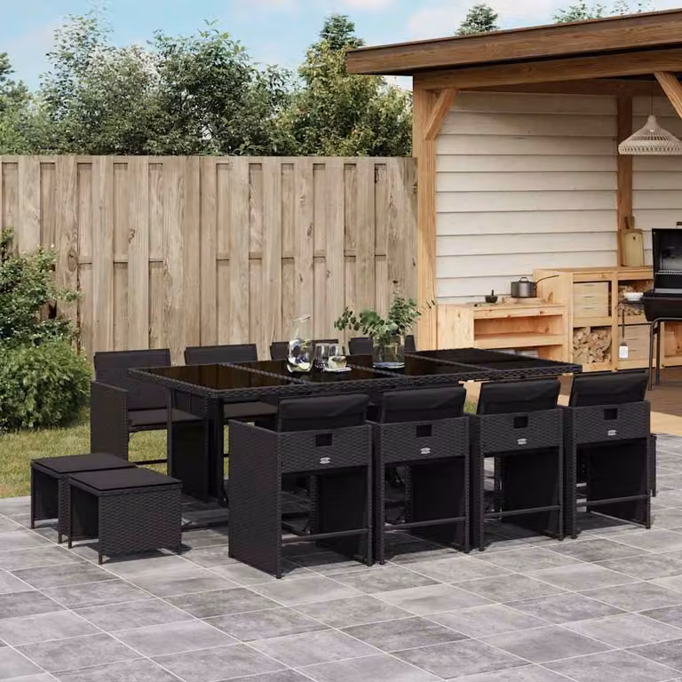 vidaXL Set da Pranzo da Giardino 13pz in Polyrattan Nero con Cuscini e Tavolo in Vetro