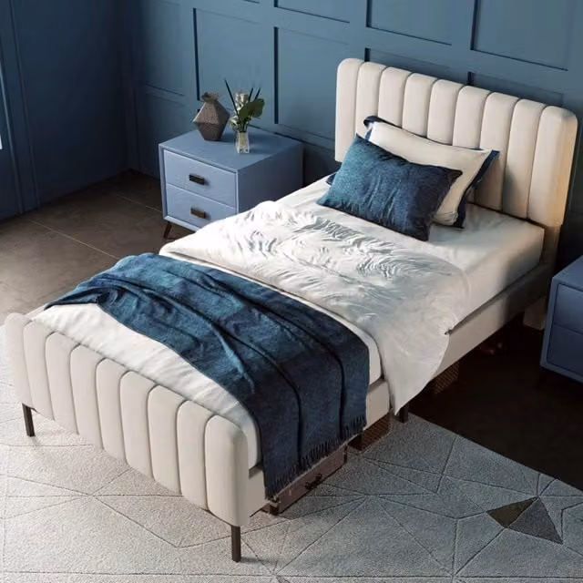 Letto singolo imbottito 90x200 cm con testiera regolabile e rete a doghe; rivestimento in lino; grigio e beige
