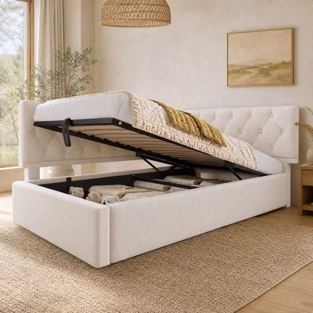 Letto divano singolo con contenitore idraulico in velluto beige L/P/H: 206 x 90 x 77 cm