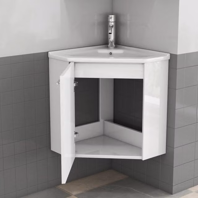 Mobile sottolavabo angolare con lavabo in ceramica paraschizzi e ante ammortizzate per bagno in MDF bianco lucido