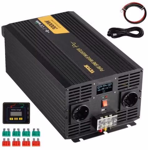Invertitore a Onda Sinusoidale Pura VEVOR 3000 W, da DC 24 V a AC 230 V con Schermo LCD, Porte USB e Telecomando, Nero