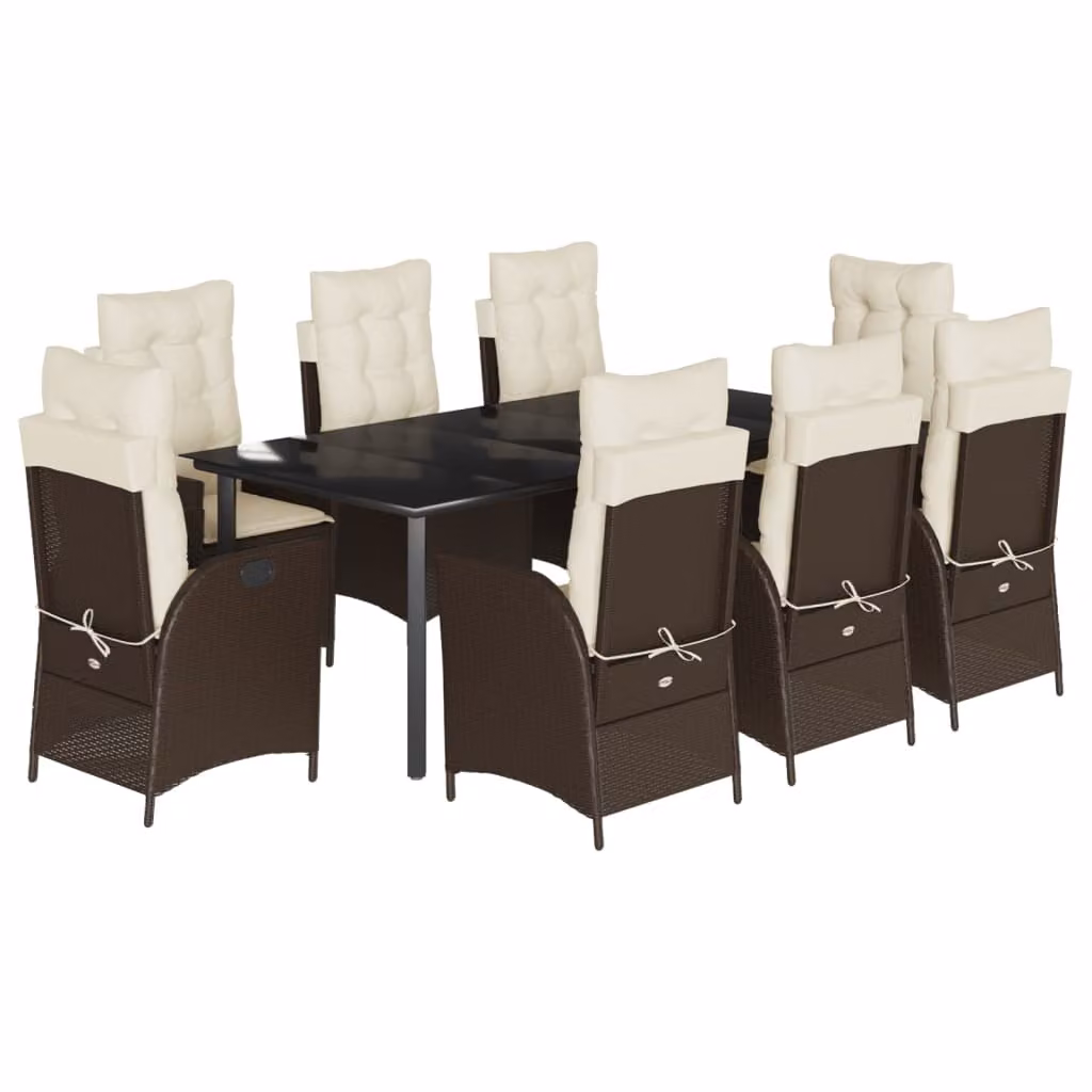 Set da Pranzo da Giardino 9pz con Cuscini Marrone in Polyrattan