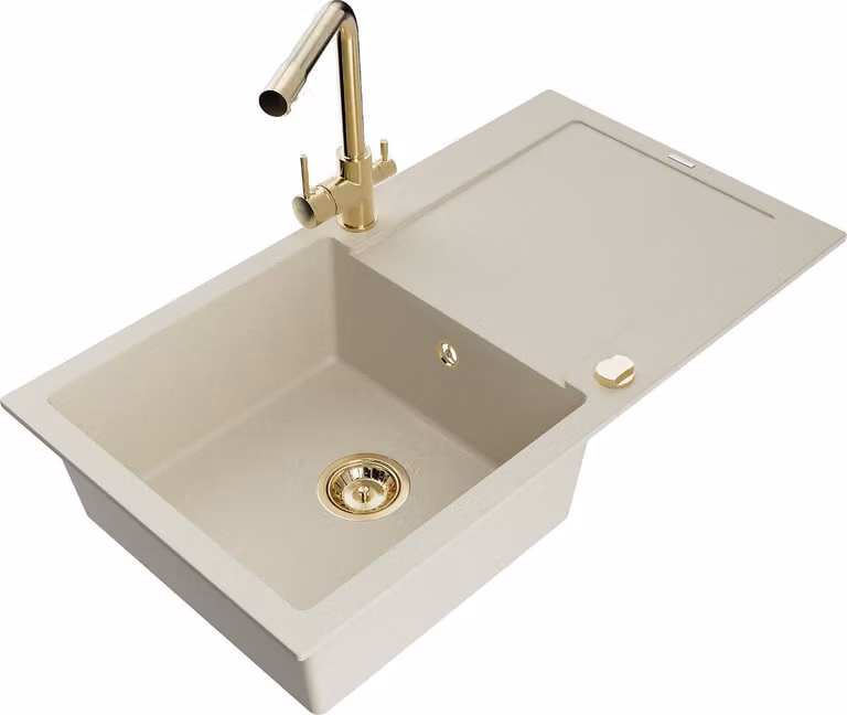 Mexen Leo lavello in granito a 1 vasca con scolapiatti e rubinetto da cucina Duero, beige- 6501-69-671600-50