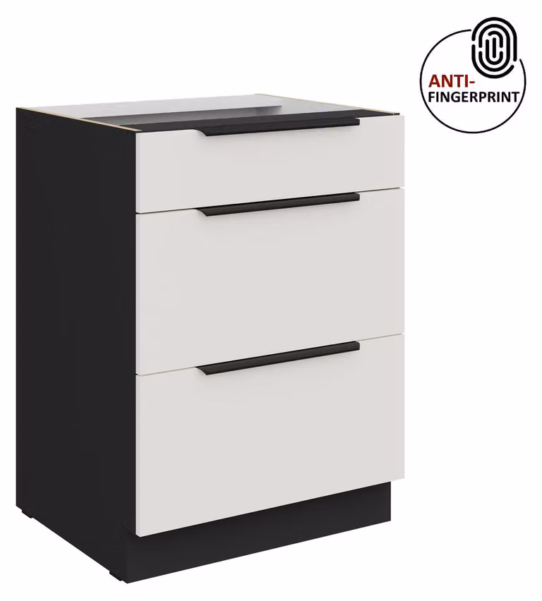 Mobile base da cucina da 60 cm, cucina ARIA bianco ultra opaco + nero opaco, frontali di alta qualità con rivestimento anti-impronta, mobile da cucina con chiusura ammortizzata