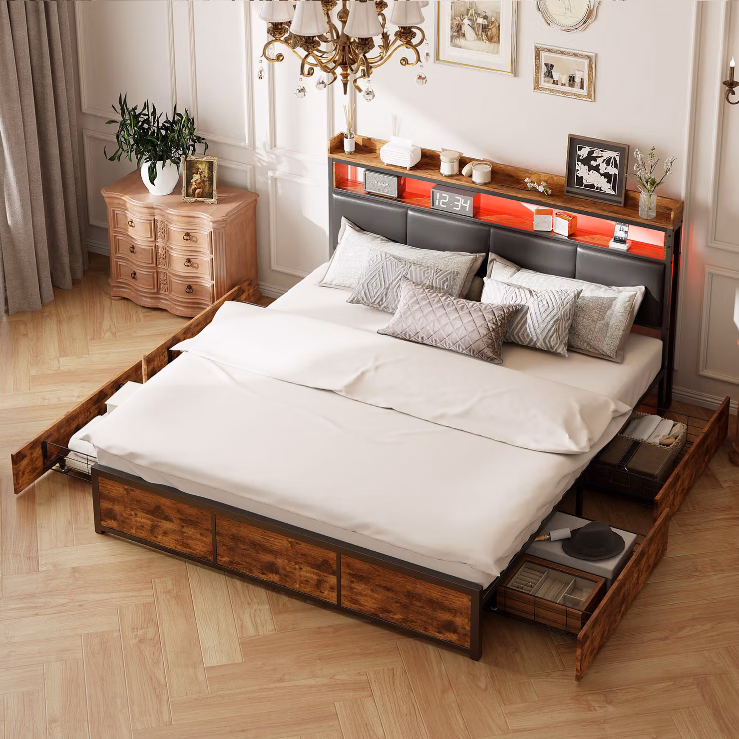 Letto imbottito matrimoniale 180x200, letto contenitore LED letto per ragazzi con 4 cassetti, letto funzionale letto con spalliera letto con rete a doghe in legno, PU