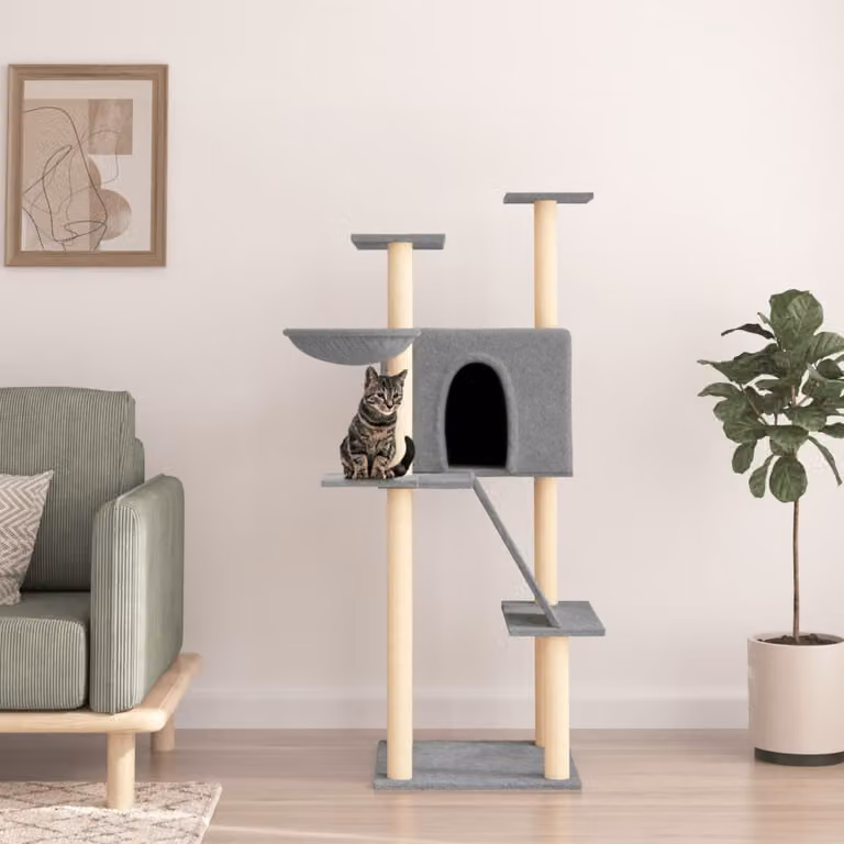 Albero per gatti vidaXL con tiragraffi in sisal e amaca, colore grigio, Altezza: 143 cm