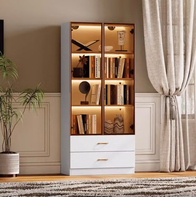 Mobile bagno alto in MDF bianco con ripiani aperti e vetro temperato