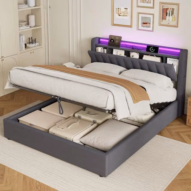 Letto matrimoniale imbottito 160x200 cm grigio scuro in velluto con contenitore, LED e porta USB