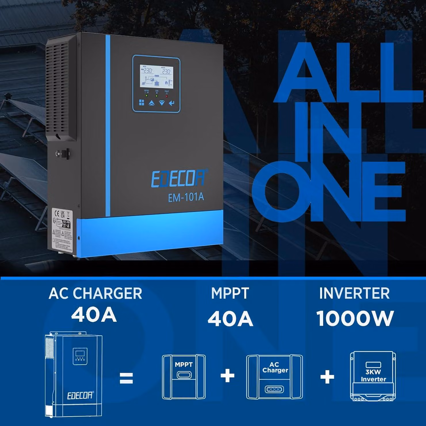 Inverter ibrido - Inverter fotovoltaico - Inverter per sistemi off-grid - Caricabatterie - Regolatore di carica solare - Potenza: 1000 W