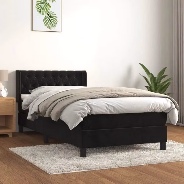 Letto Ibrido vidaXL con Giroletto a Molle e Materasso in Velluto Nero e Bianco L/P/H: 100 x 200 x 88 cm