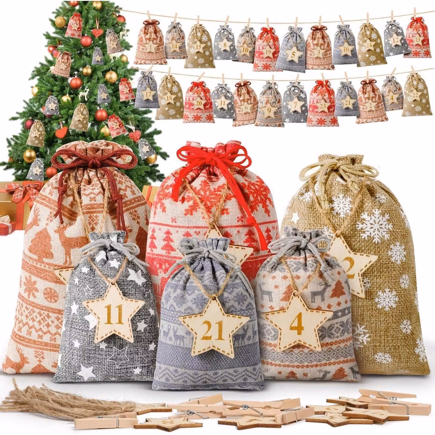 Calendario dell'Avvento da riempire: 24 sacchetti di stoffa con numeri in legno, ideali per decorazioni natalizie, adatti a bambini e adulti