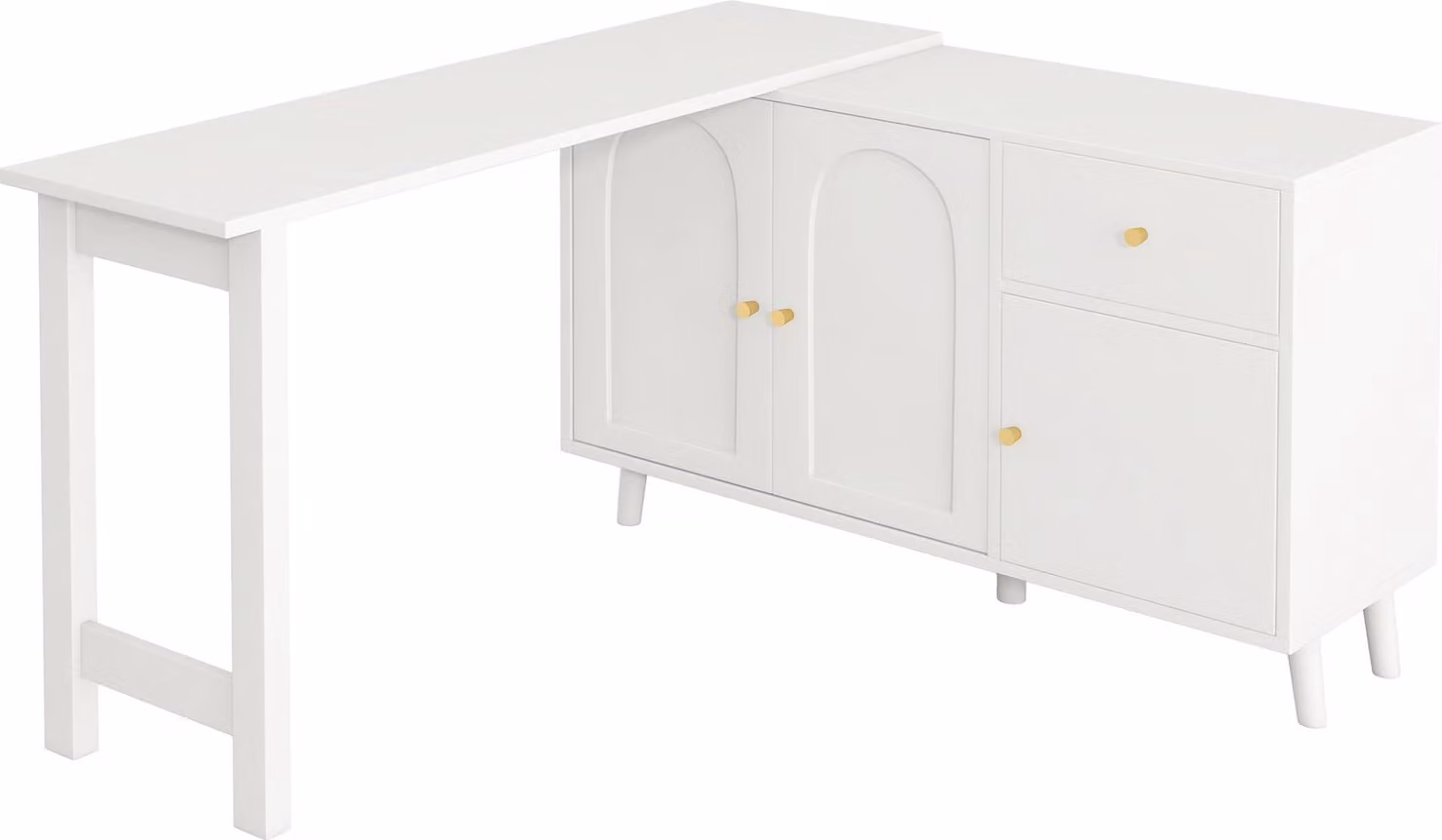 Scrivania e credenza multifunzionale 2 in 1 – ruotabile a 360°, 3 ante e 1 cassetto – scrivania per computer, scrivania angolare, toletta, scrivania, bianca, pannello truciolare