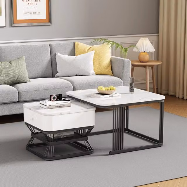 Tavolini da salotto impilabili set di 2 con 1 cassetto e vano aperto, piano lucido effetto marmo, bianco e nero
