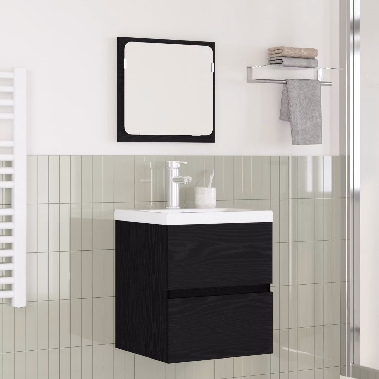Set di mobili per il bagno vidaXL composto da mobile lavabo e armadietto con specchio, design moderno in legno, colori nero e bianco