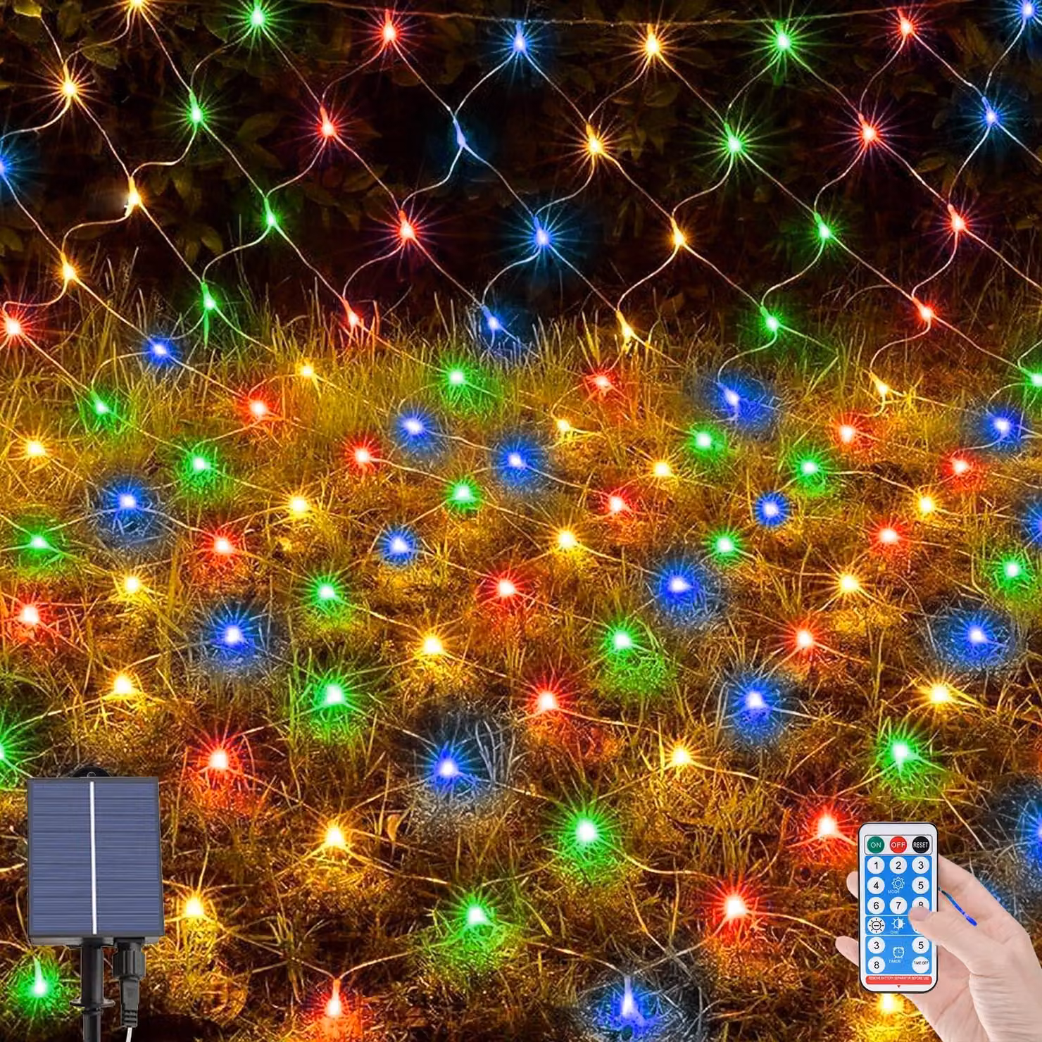 Catena luminosa solare con 198 LED, dimensioni 2x3 metri, impermeabile, 8 modalità di illuminazione, con telecomando
