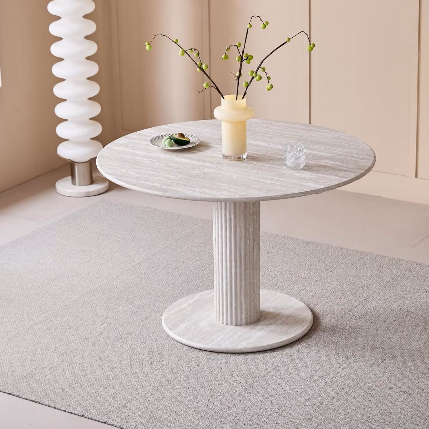 Tavolo da pranzo rotondo, aspetto marmo, travertino grigio, 115 x 115 x 75 cm