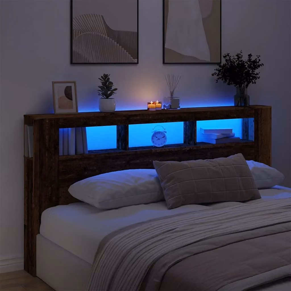 Testiera con illuminazione LED e mensola integrata Design In in legno multistrato color marrone, L: 200 cm, P: 18,5 cm, H: 103,5 cm – 2