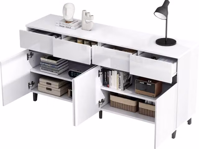 Credenza moderna con 4 cassetti e 2 ante con ripiani regolabili per soggiorno, cucina o ufficio, finitura lucida, L 160 cm x P 40 cm x H 68 cm