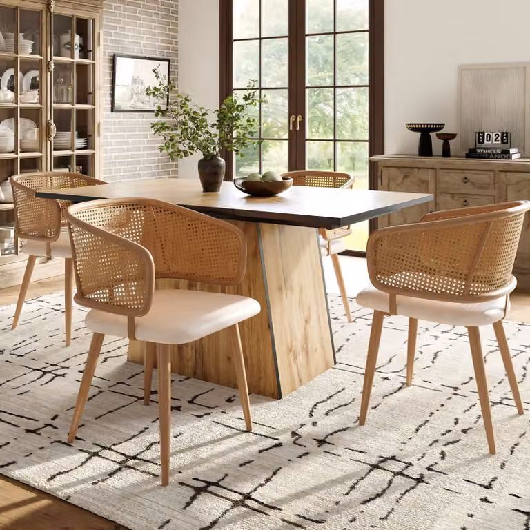 Set di 6 sedie da pranzo Flieks, sedia da pranzo con schienale in rattan, sedia da cucina imbottita, cuscino in velluto, beige