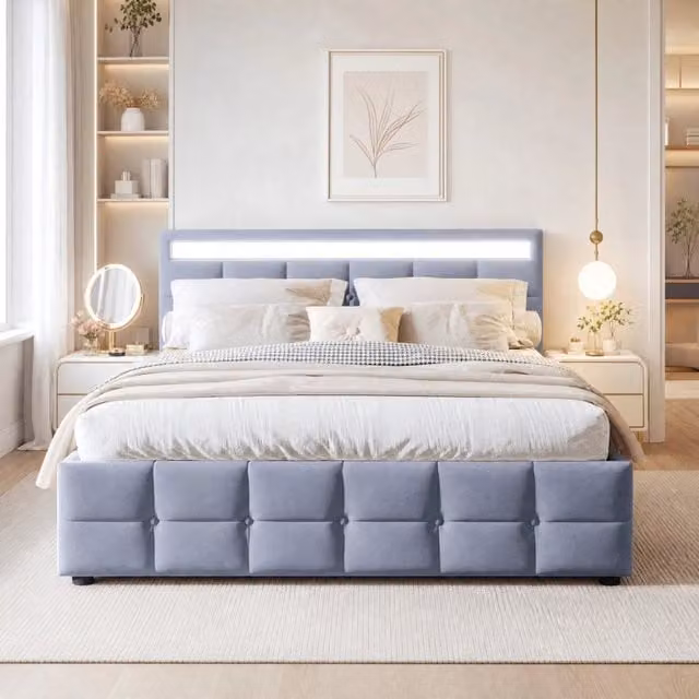 Letto imbottito 180x200 cm con LED; rete a doghe e contenitore idraulico; velluto grigio