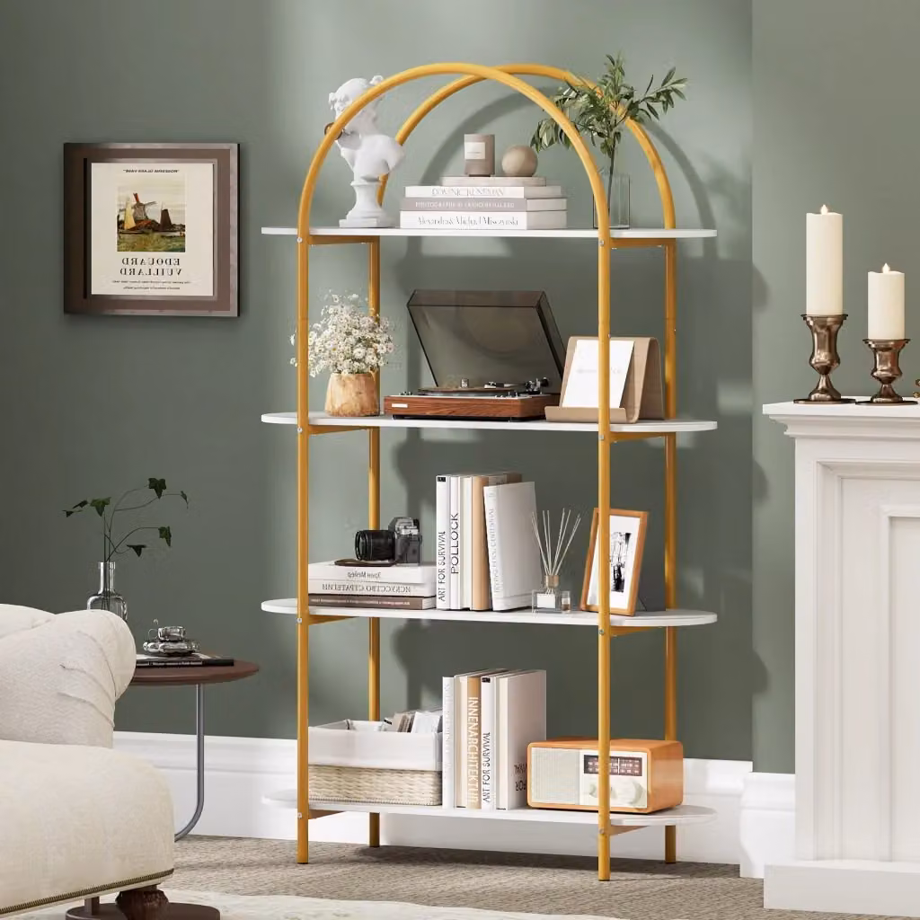 Libreria a forma di arco con 4 ripiani in stile industriale DESIGN IN, struttura metallica autoportante per soggiorno, ufficio o camera da letto, Bianco – 2