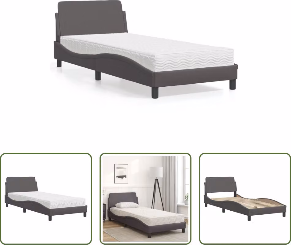 The Living Store Letto con materasso grigio 80x200 cm in ecopelle