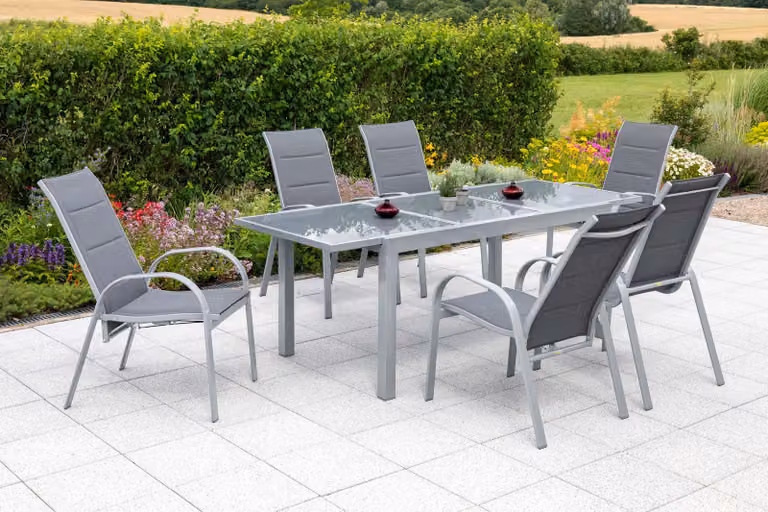 Set di mobili da giardino Merxx Amalfi 7 pezzi, 4 poltrone impilabili, 2 poltrone a gas, 1 tavolo allungabile 160 (220) x 90 cm - alluminio/tessuto