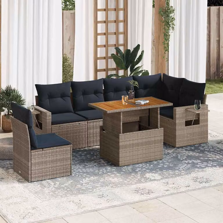 Set di divani da giardino vidaXL 7 pezzi con cuscini in polyrattan e tavolino, design moderno a L con struttura in metallo e legno di acacia, colore grigio e blu