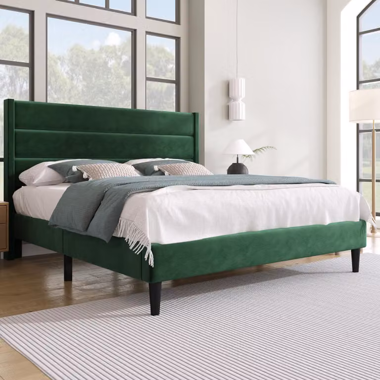 Letto imbottito 140 x 200 cm con rete a listelli, testiera imbottita e rivestimento in velluto, altezza da terra di 16 cm, letto matrimoniale color verde scuro
