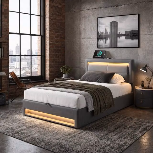 Letto imbottito 90x200 cm grigio in PU con LED, ricarica USB e vano contenitore, senza materasso