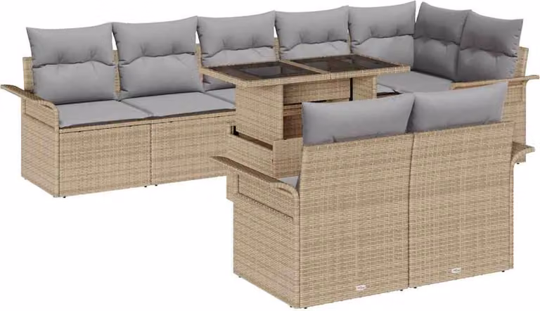 Set Divano da Giardino con cuscino 9 pcs Beige Poly Rattan