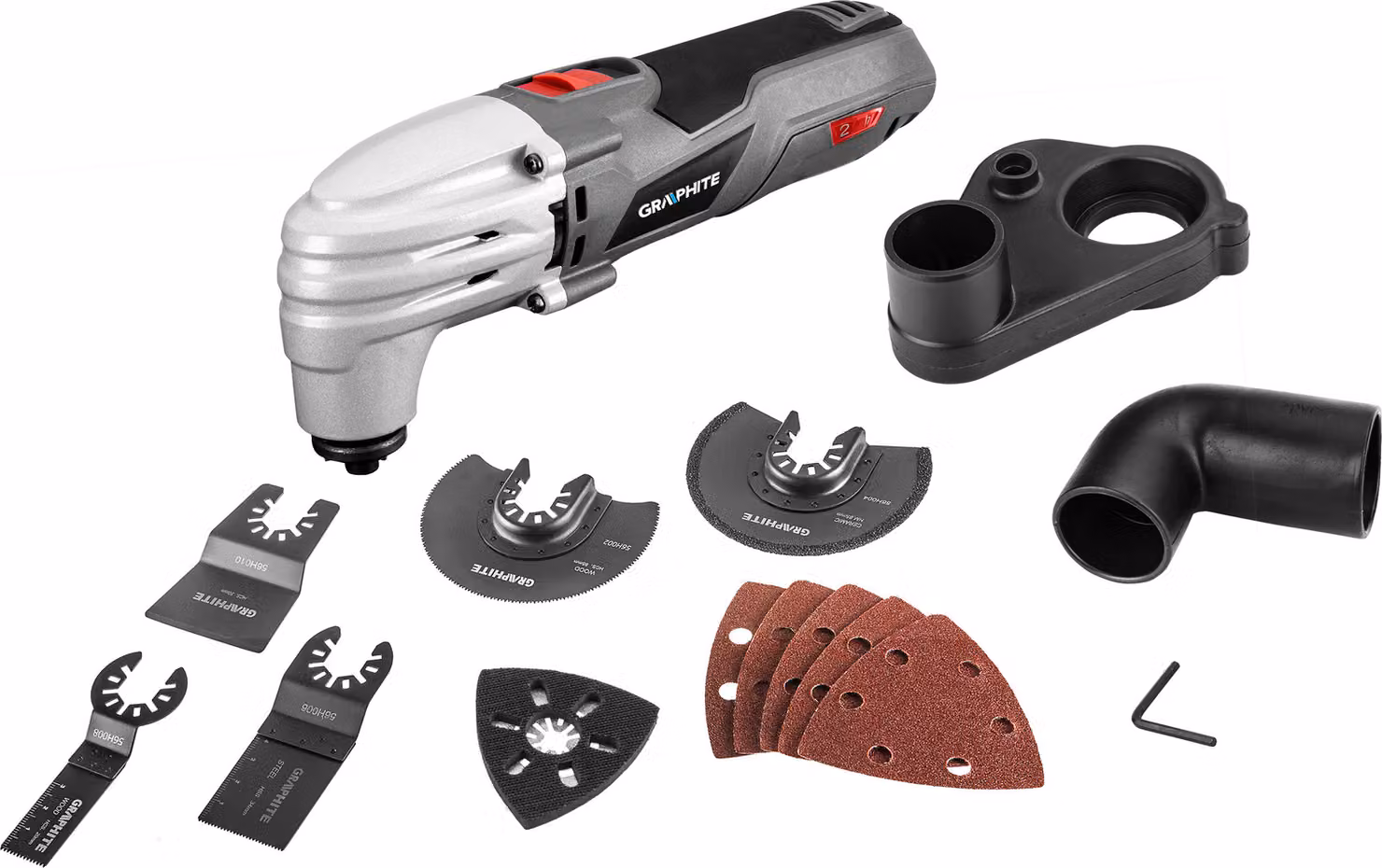Macchina multifunzione GRAPHITE 250W, velocità di oscillazione 15000-21000 min-¹, valigetta di trasporto; levigatrice multifunzione consigliata per tagliare, levigare e raschiare; adattatore di aspirazione, accessori