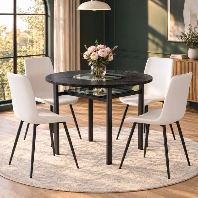 Set tavolo da pranzo rotondo Mivray con piano in vetro trasparente e MDF nero e sedie con seduta in similpelle bianca